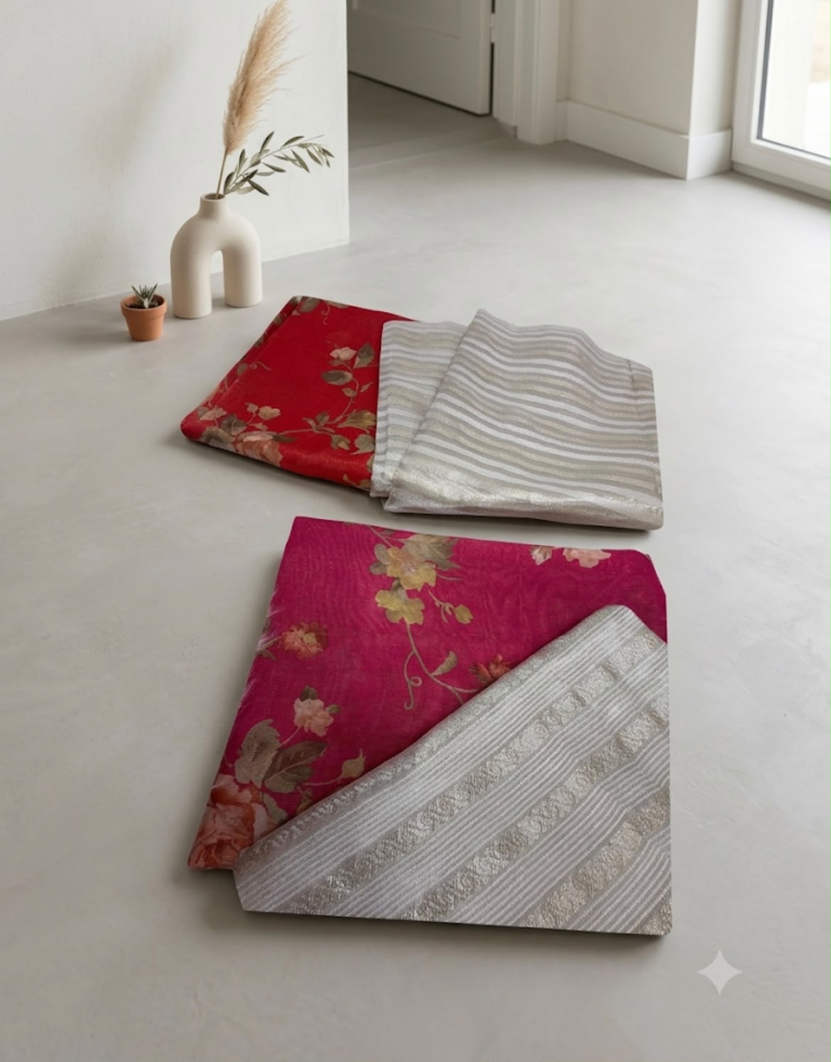 Pink & Red Floral Printed Dress Material with Silver Striped Zari Border