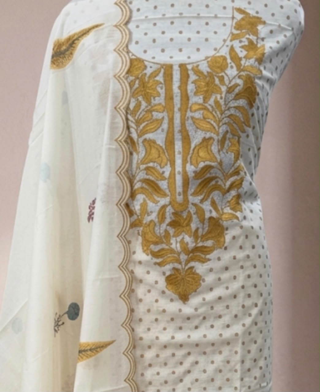 Ivory & Mustard Printed Suit with Golden Floral Yoke and Scalloped Dupatta