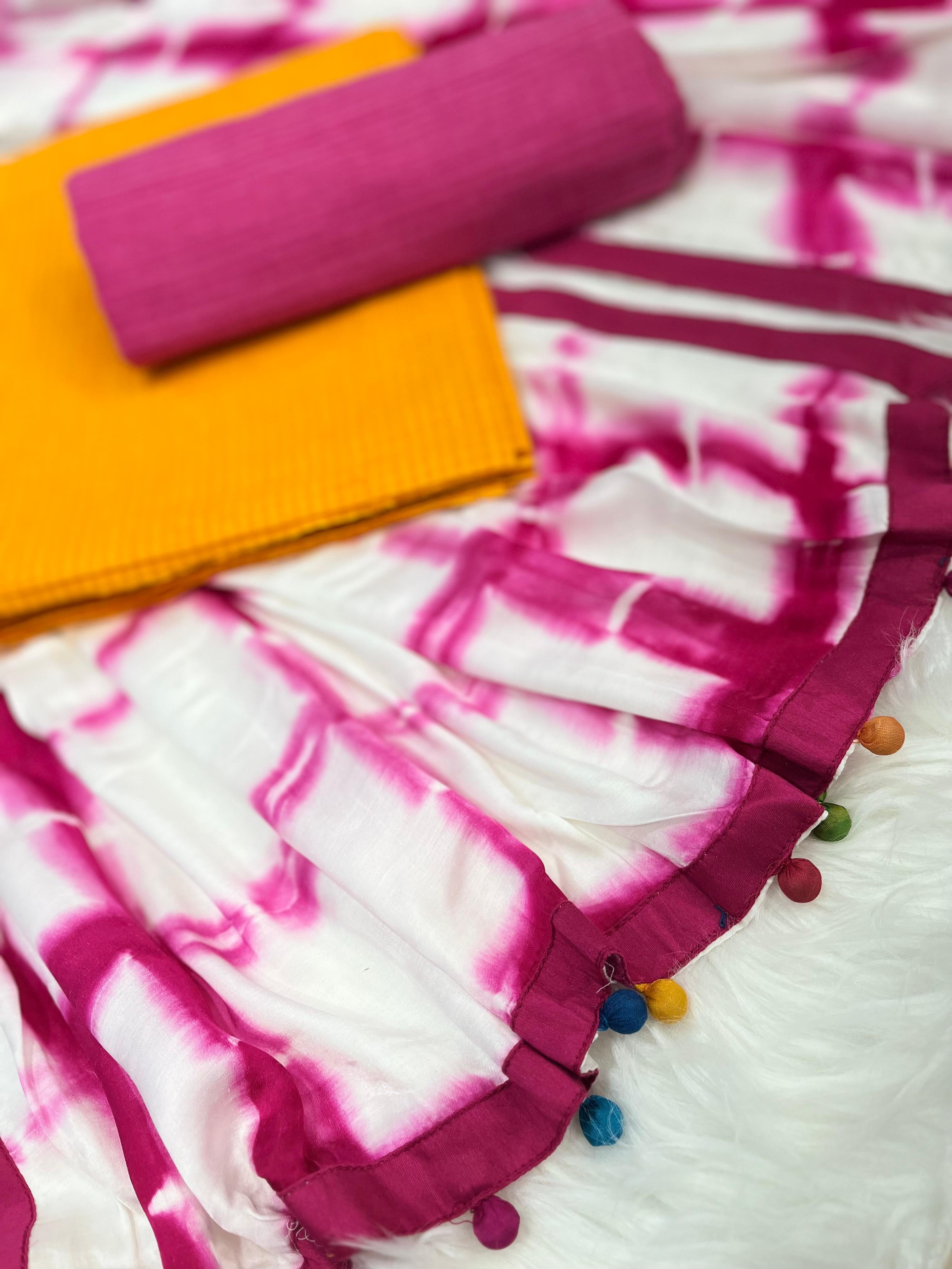 White & Magenta Tie-Dye Dress Material with Mustard & Pink Bottoms