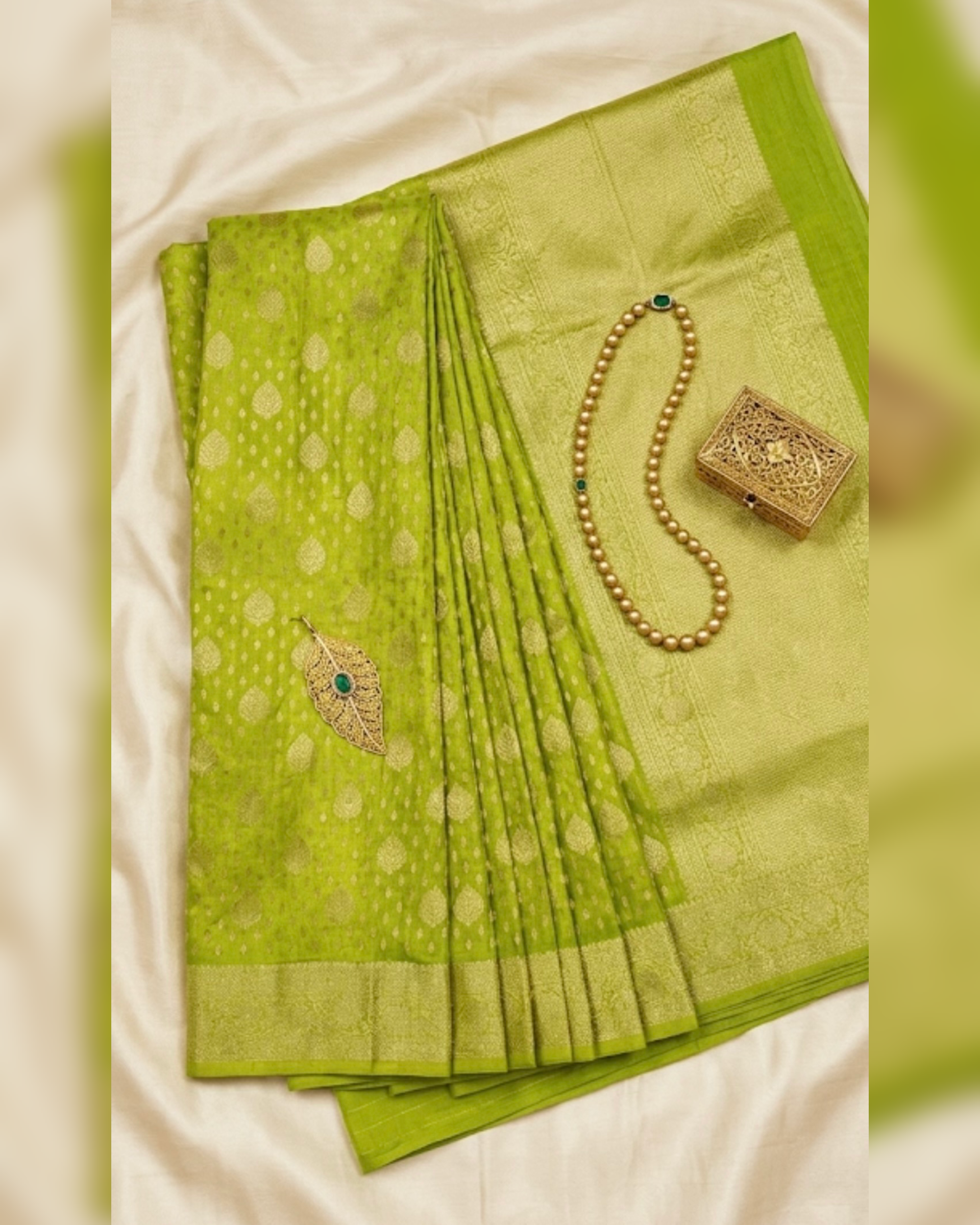 Lime Green Banarasi Silk Saree with Golden Zari Motifs & Designer Blouse