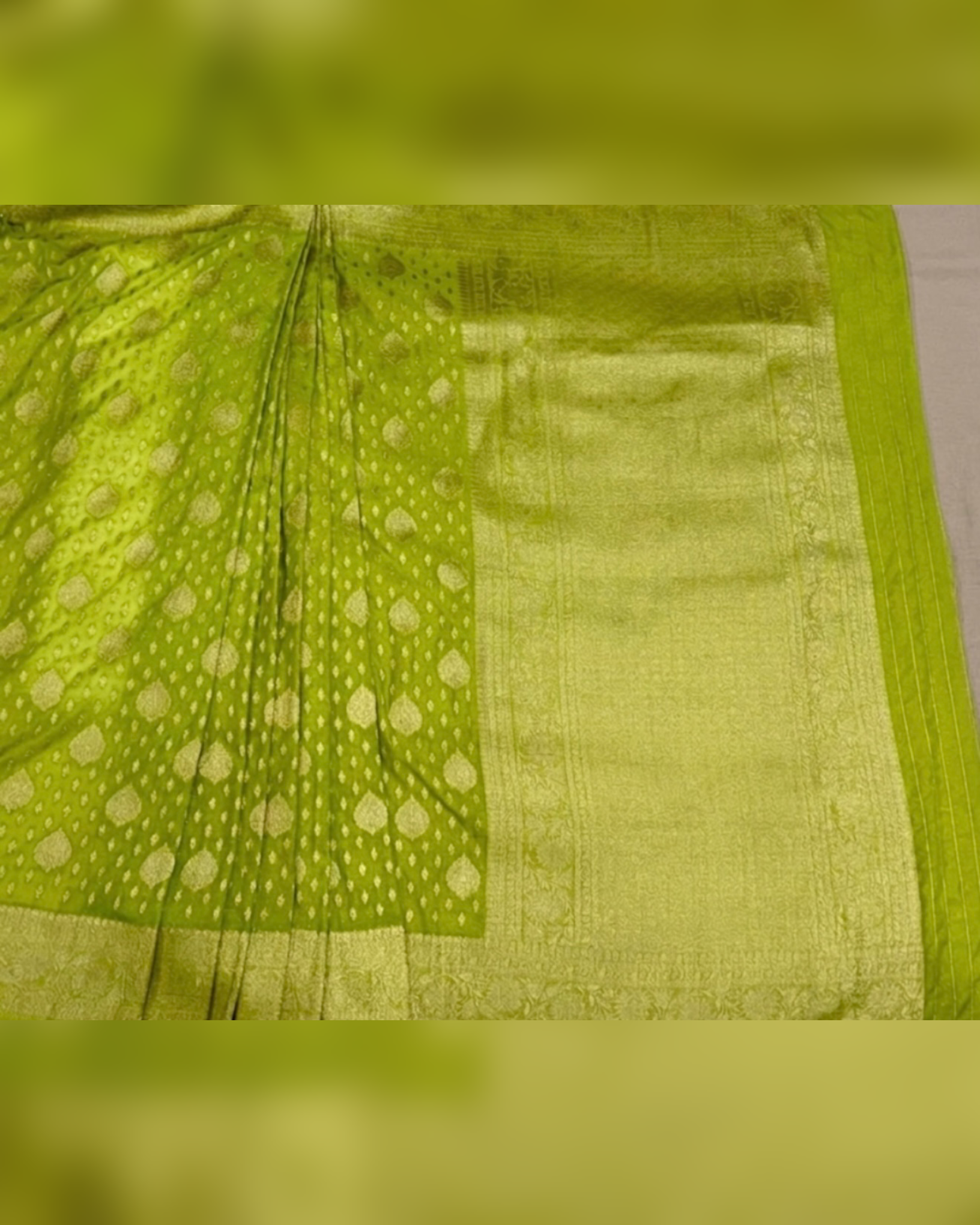 Lime Green Banarasi Silk Saree with Golden Zari Motifs & Designer Blouse
