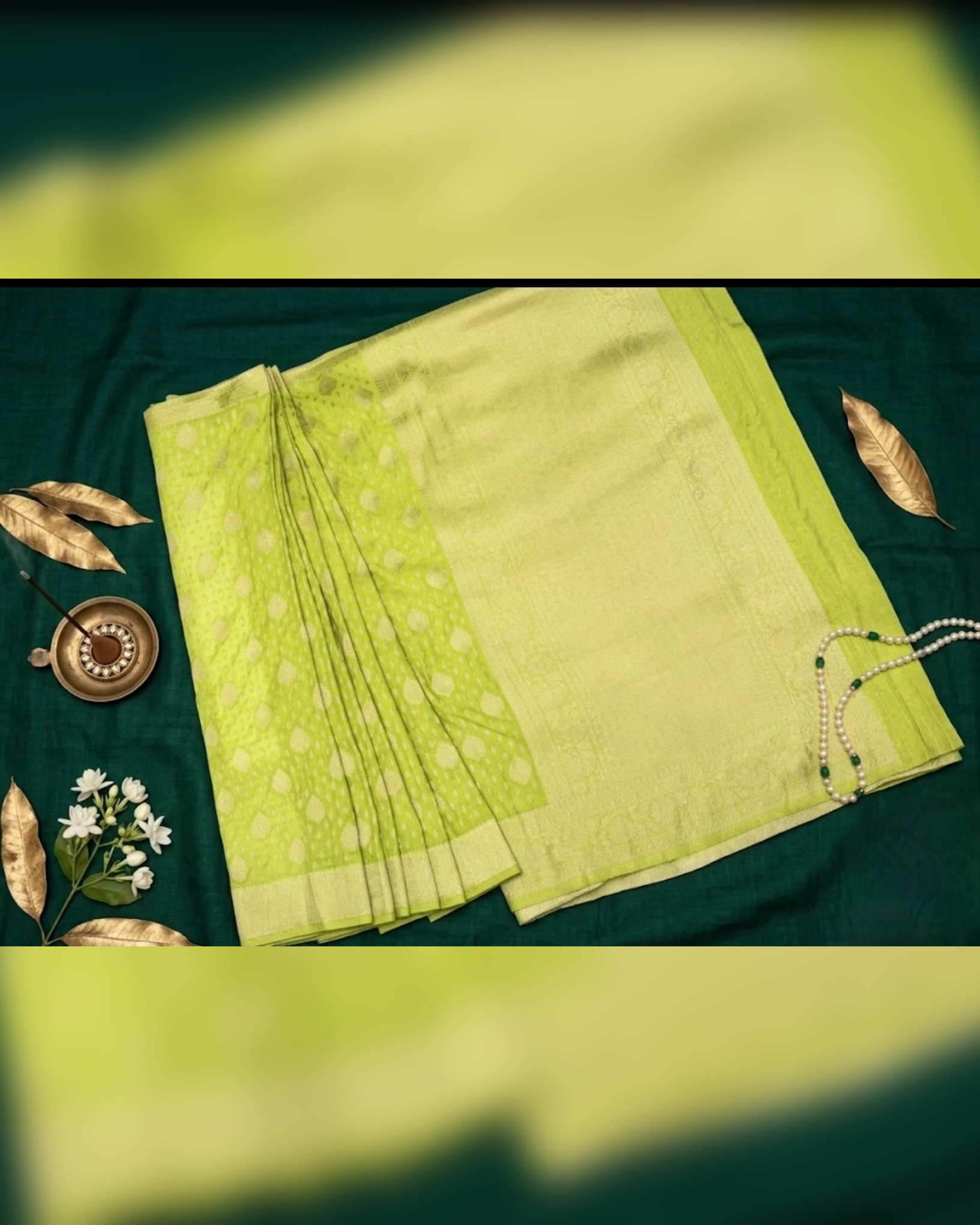 Lime Green Banarasi Silk Saree with Golden Zari Motifs & Designer Blouse